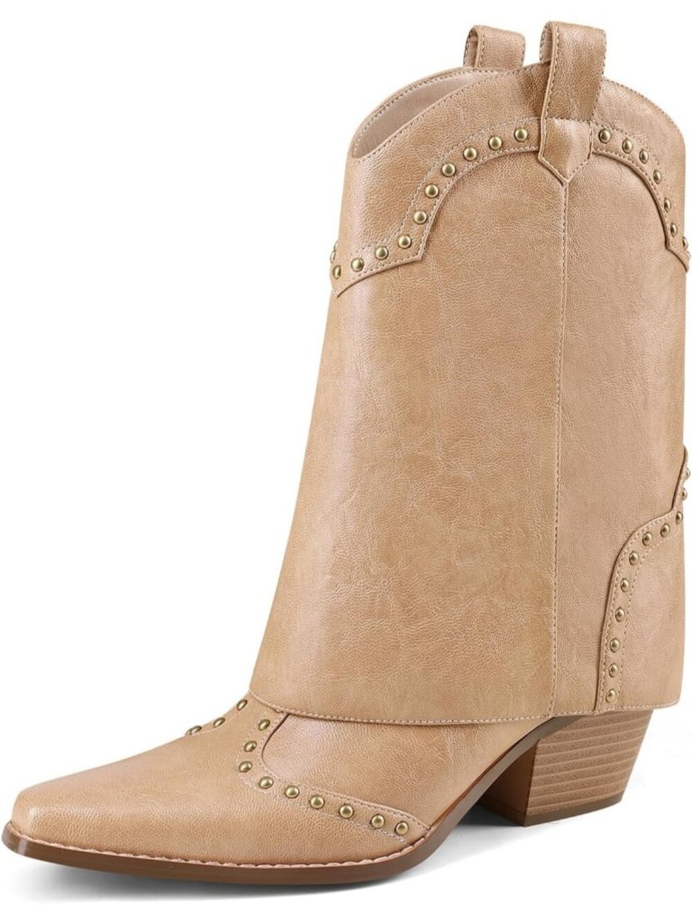 Women's Beige Fold Over Ankle Chunky Heel Snip Toe Studded Shark Cowgirl Boots